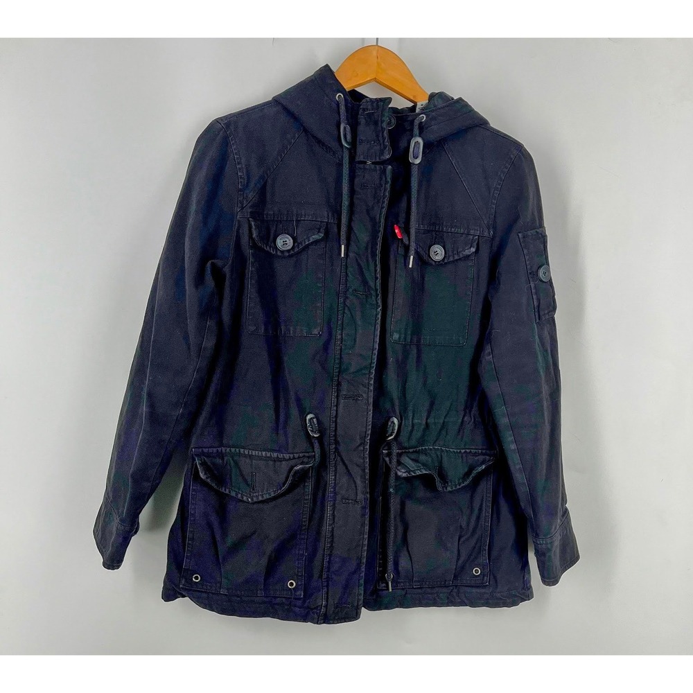Levis Womens Black Cotton Canvas Hooded Field Jacket Utility Cargo Coat Size M